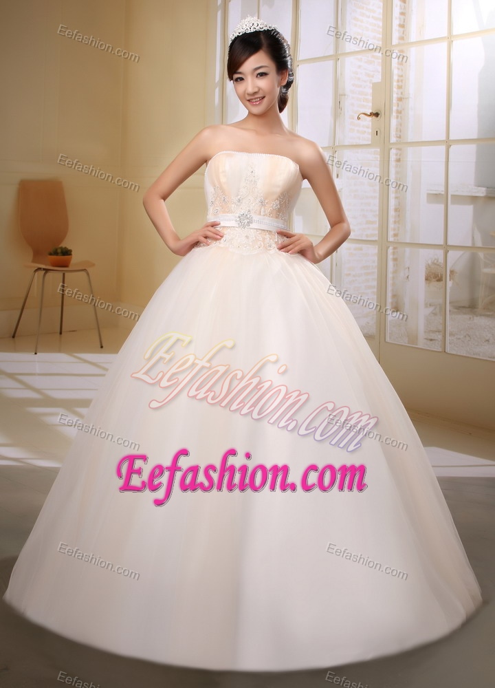 Strapless Ball Gown Outdoor Wedding Dress with Sash and Appliques for 2014