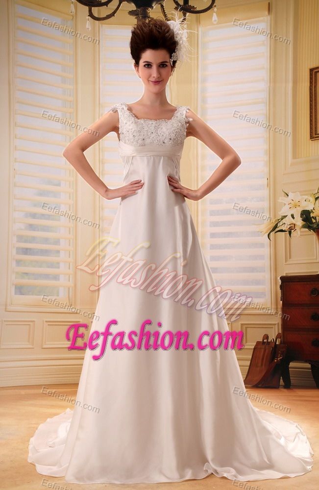 Straps A-line Garden Wedding Dress with Appliques and Sweep Train
