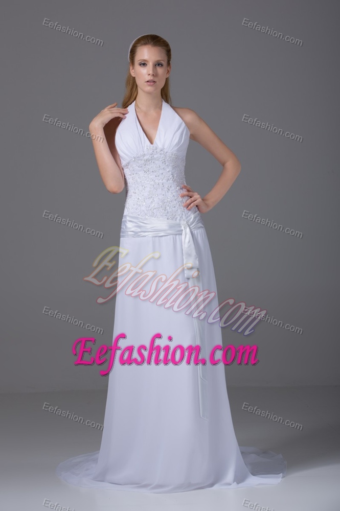 Best Halter-top Sweep Train Wedding Dress with Appliques and Sash