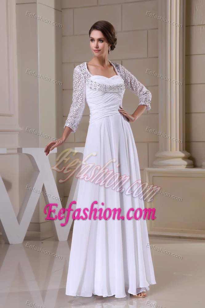 Beading and Ruching Bridal Dresses with 3/4 Sleeves and Cutout in Ankle-length