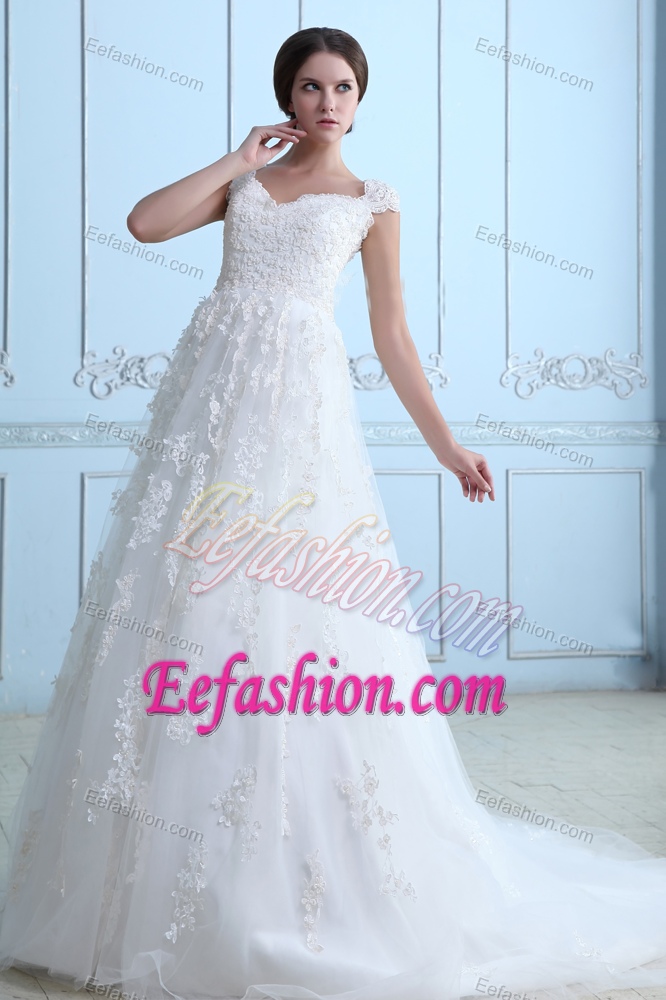 V-neck Cap Sleeves Prom Wedding Dresses and Lace with Court Train