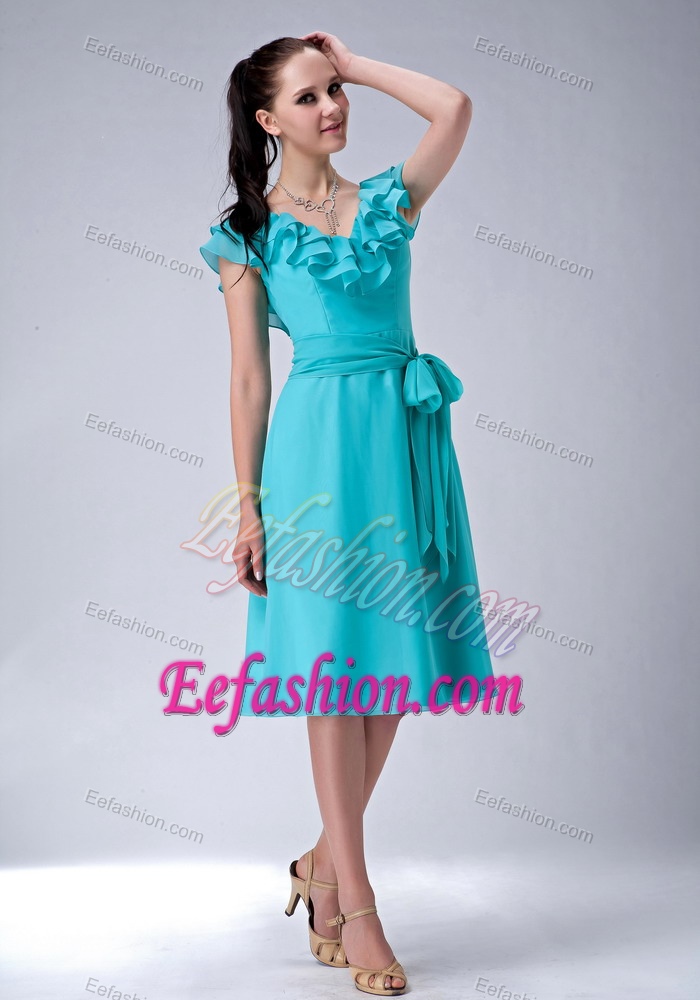 Gorgeous A-line V-neck Tea-length Bridesmaid Dress in Turquoise with Sash