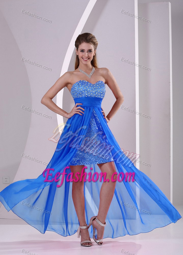 High-low Beaded Magnificent Blue Prom Graduation Dresses with Paillettes