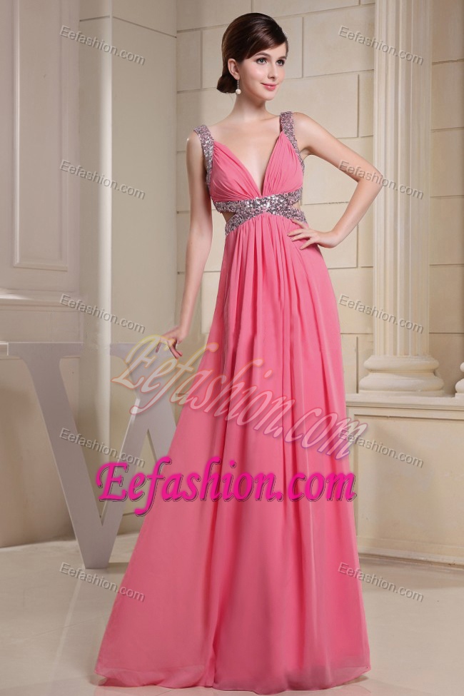 V-neck Watermelon Beaded and Ruched Wonderful Prom Party Dress for Fall
