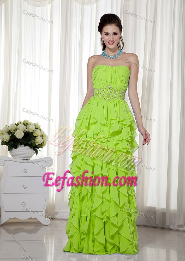 Yellow Green Empire Strapless Chiffon Ruffles Prom Holiday Dresses with Beading