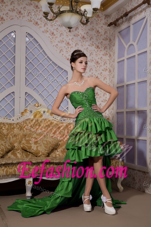 Green Princess High-low Prom Dress for Cocktail with Beading and Ruffles