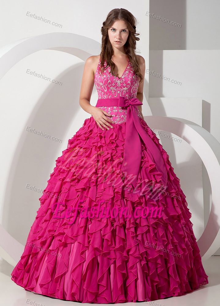 Necessary Hot Pink Halter Top Chiffon Quinceanera Dresses with Bowknot Sash