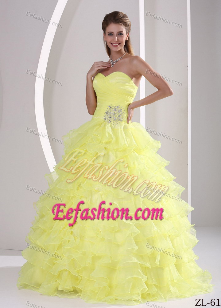 Most Recent Sweetheart Appliqued Quinceaneras Dresses with Ruffles in Yellow