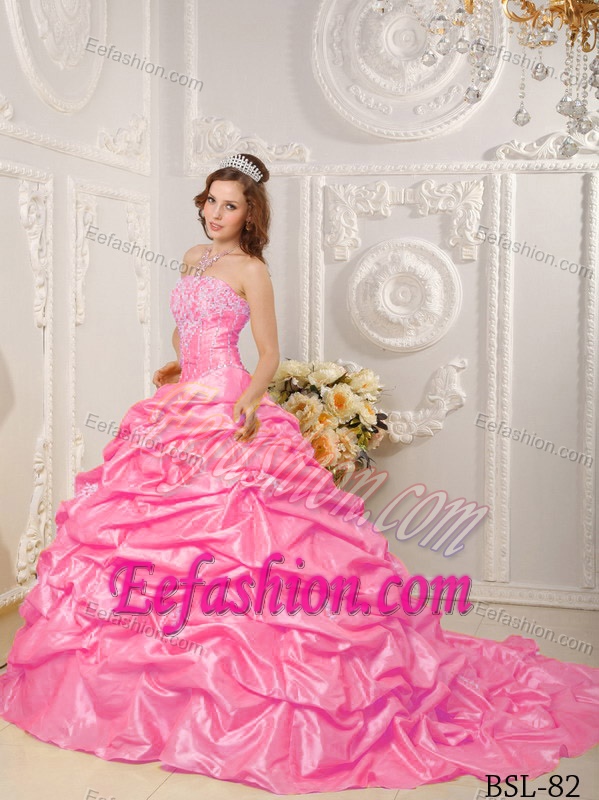 Delish Ball Gown Strapless Court Train Quinceanera Gown Dresses in Hot Pink