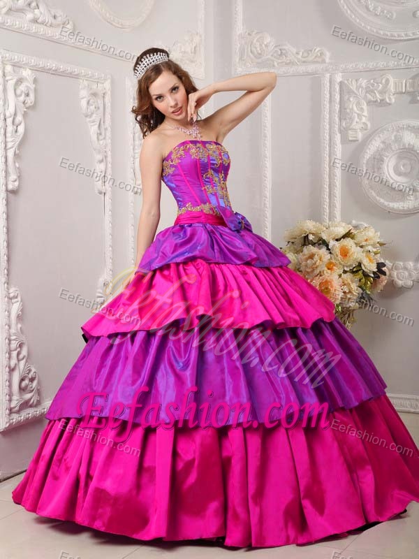 Stunning Multi-color Strapless Appliqued Quinceaneras Dress with Layers
