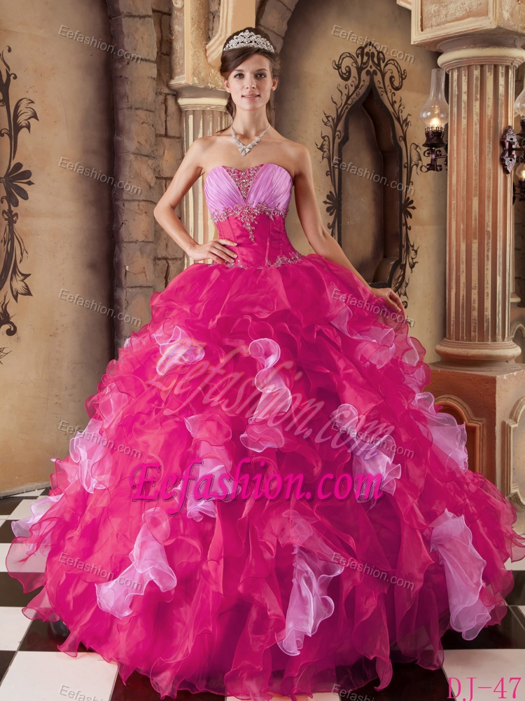 Unique Hot Pink Strapless Organza Beading Dresses for Quinceanera with Ruffles