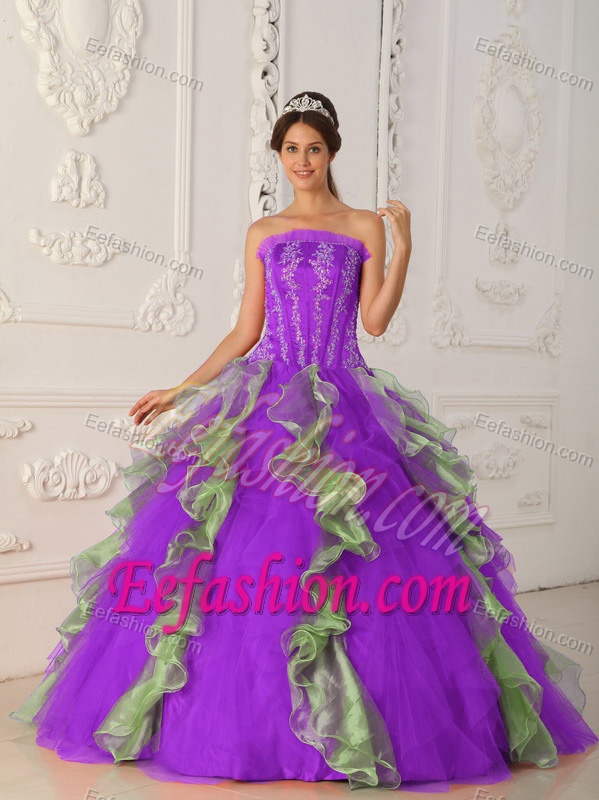 Ornate Strapless Appliqued Beading Quinceaneras Dresses in Purple and Green
