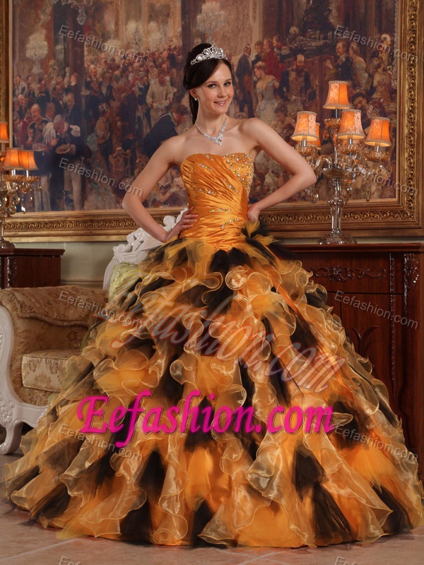 Latest Orange and Black Strapless Quinceanera Gowns with Ruffles for Summer