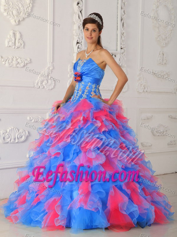 Popular Ruffled Organza Strapless Quinceanera Gown Dresses in Blue and Pink