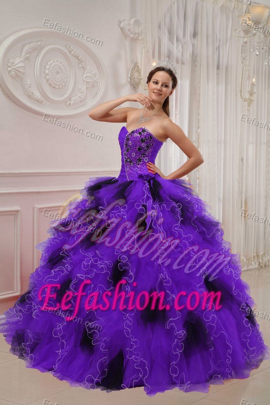Best Sweetheart Purple and Black Quinceanera Dress with Ruffles and Beading