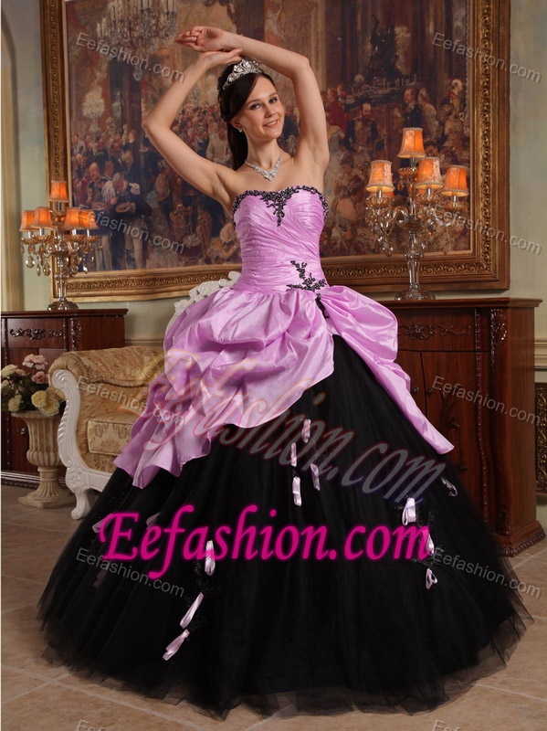 Lavender and Black Strapless Quinceanera Dress with Pick-ups and Appliques