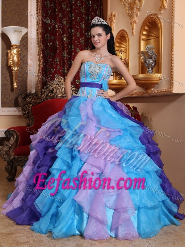 Wonderful Multi-colored Strapless Sweet 16 Dress with Ruffles and Appliques