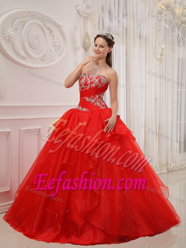 Red Strapless Ball Gown Tulle Quinceanera Dress with Appliques on Promotion