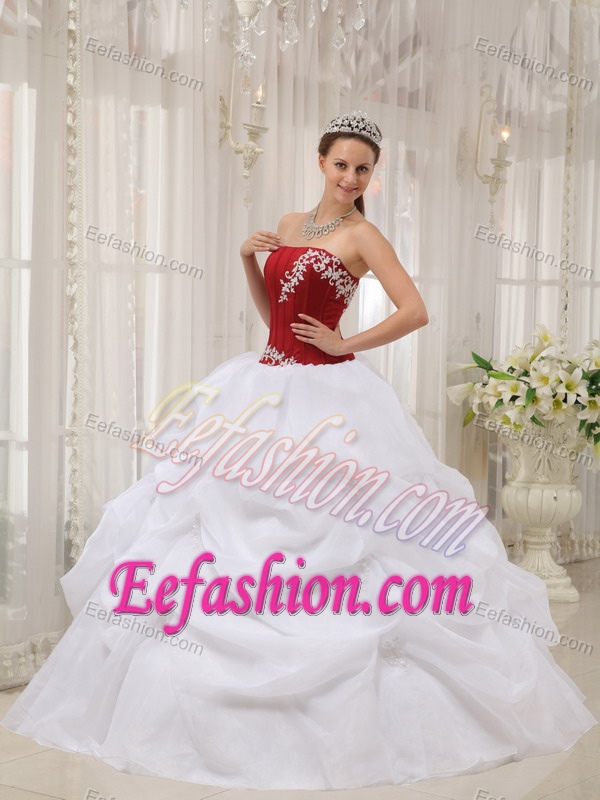 Red and White Strapless Quinceanera Gown Dress with Pick-ups and Appliques