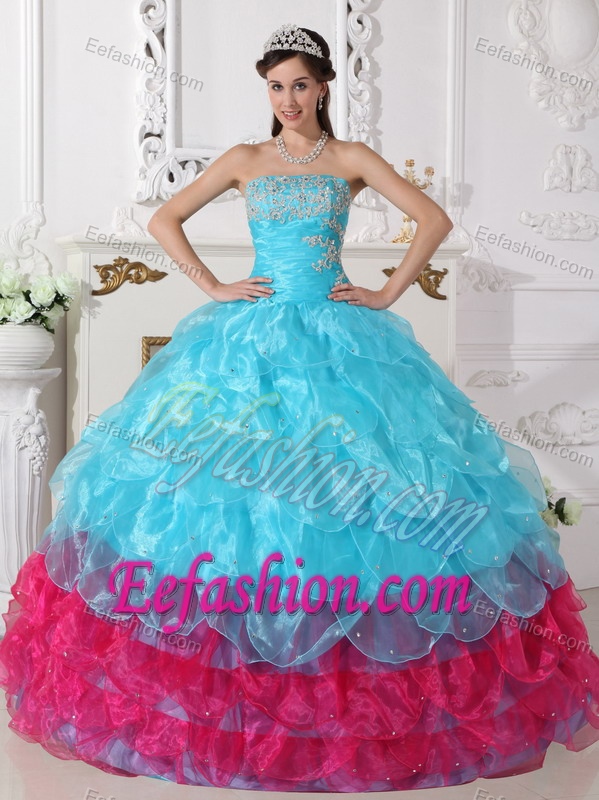 Multi-colored Strapless Organza Dresses for Quince with Appliques and Layers