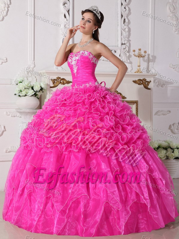 Discount Strapless Hot Pink Organza Sweet 16 Dress with Appliques and Ruffles