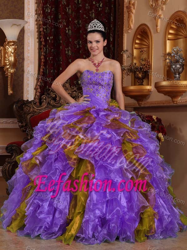 Strapless Multi-colored Quinceanera Dress with Ruffles and Beading for Cheap