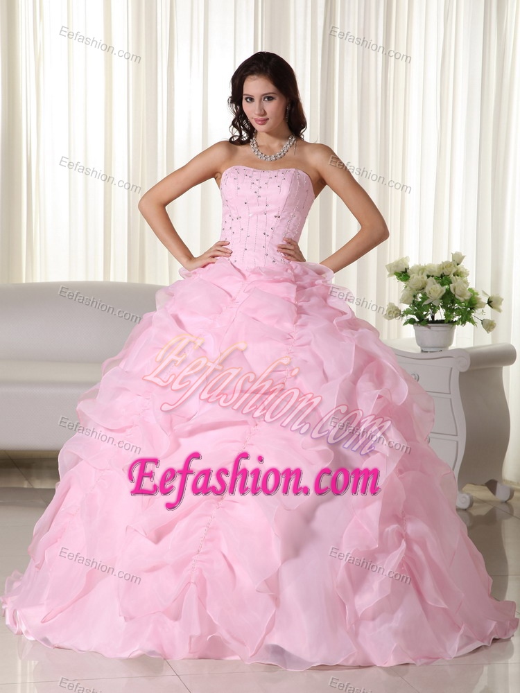 Baby Pink Strapless Ball Gown Quinceanera Dresses with Ruffles and Beading