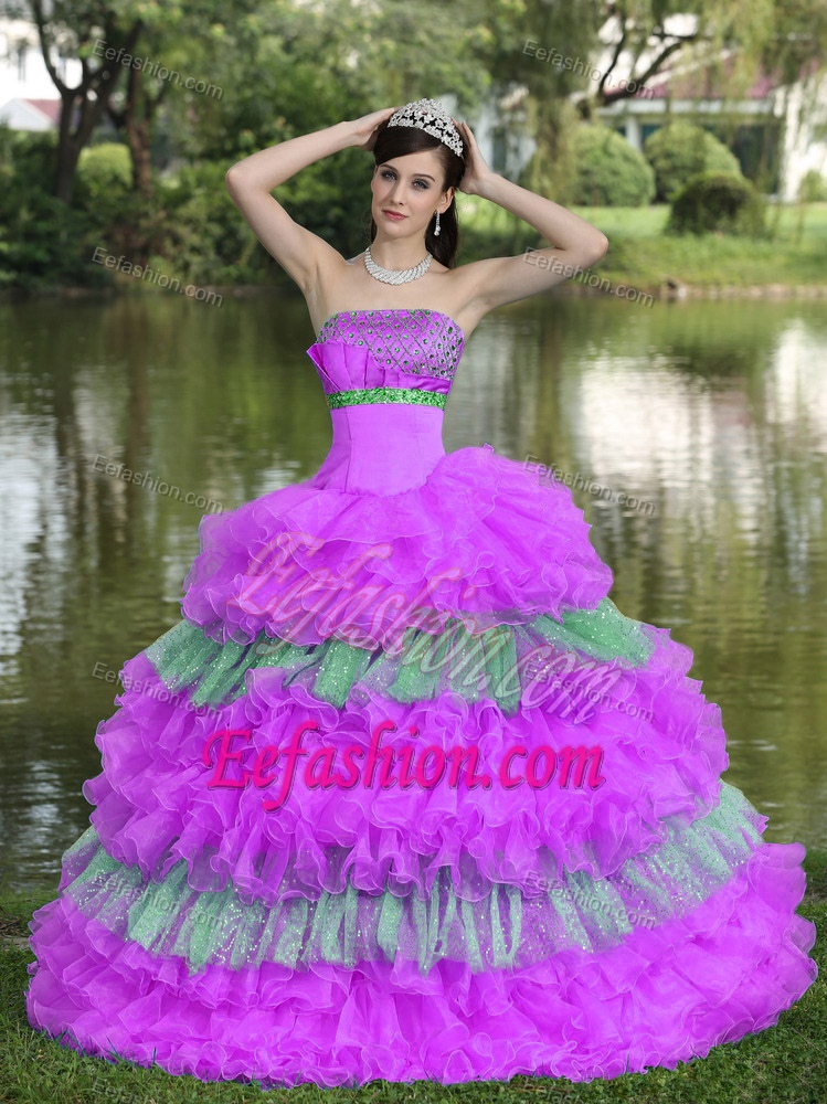 Multi-colored Strapless Quinceanera Dresses with Beading and Layered Ruffles