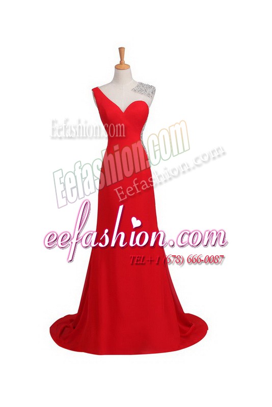 Luxury One Shoulder Coral Red Celebrity Dress Satin Court Train Sleeveless Beading