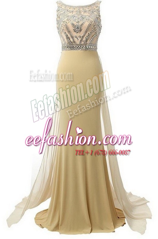  Scoop Side Zipper Evening Dress Champagne for Prom and Party with Beading Brush Train