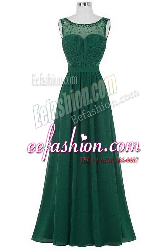  Scoop Floor Length Zipper Evening Dress Dark Green for Prom and Party with Beading and Ruching