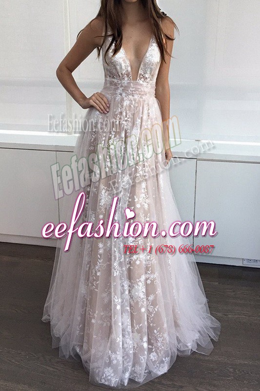 Stunning White V-neck Backless Lace Prom Evening Gown Sleeveless