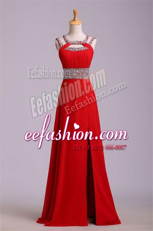  Halter Top Red Satin Zipper Evening Dress Sleeveless Floor Length Beading and Belt