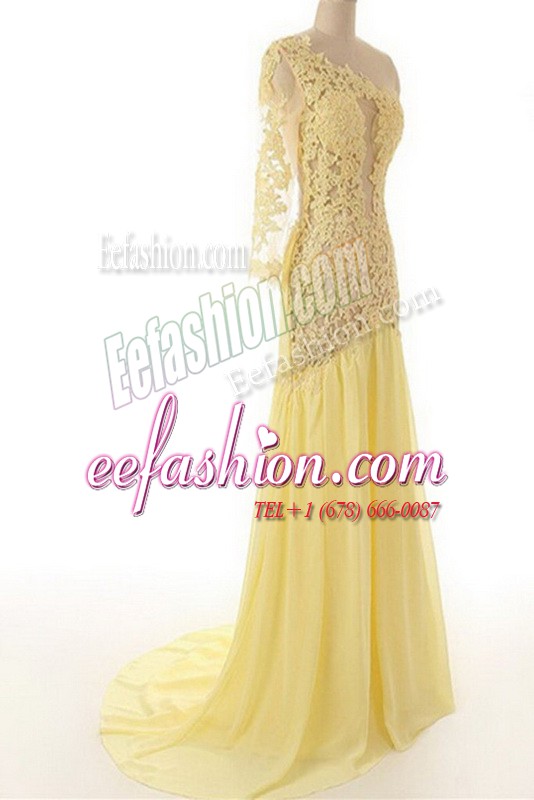 Luxurious Chiffon and Lace One Shoulder 3 4 Length Sleeve Sweep Train Side Zipper Lace Prom Dress in Light Yellow
