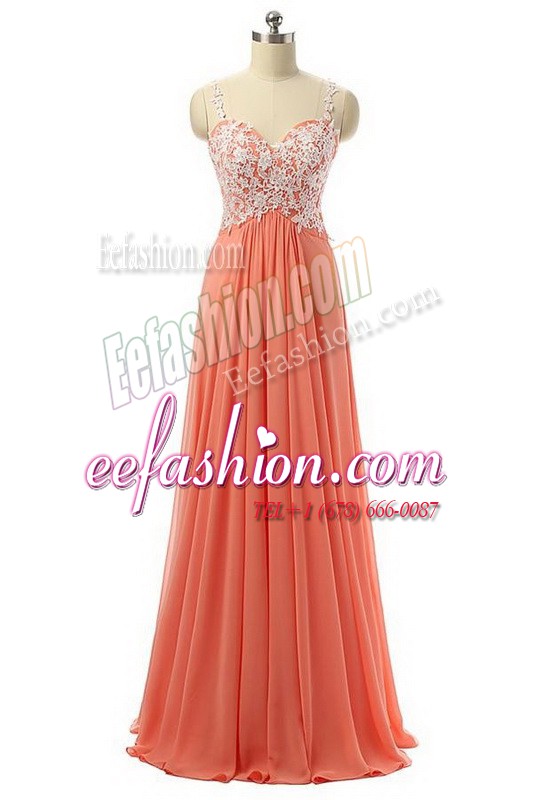 Great Sleeveless Organza Floor Length Zipper Dress for Prom in Watermelon Red with Beading and Appliques