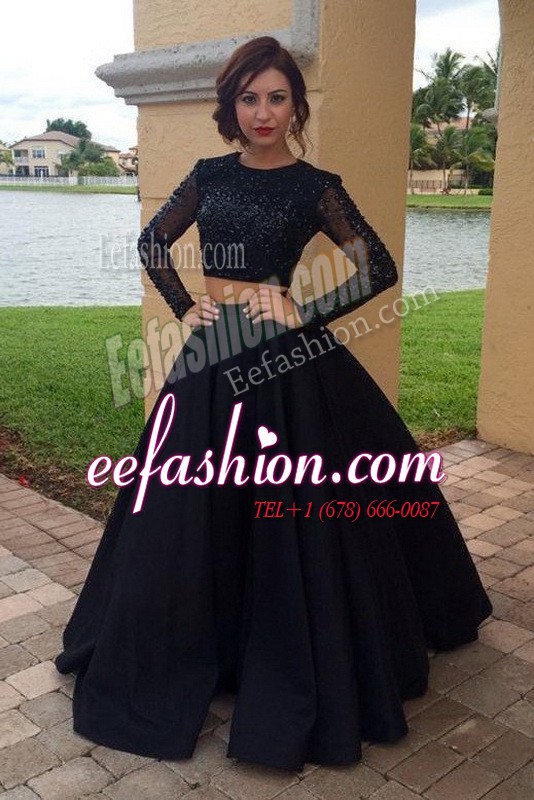 Excellent Black Two Pieces Chiffon Scoop Long Sleeves Sequins Floor Length Zipper Prom Gown