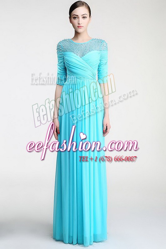 Edgy Scoop Sleeveless Chiffon Floor Length Zipper Prom Dresses in Aqua Blue with Beading and Ruching