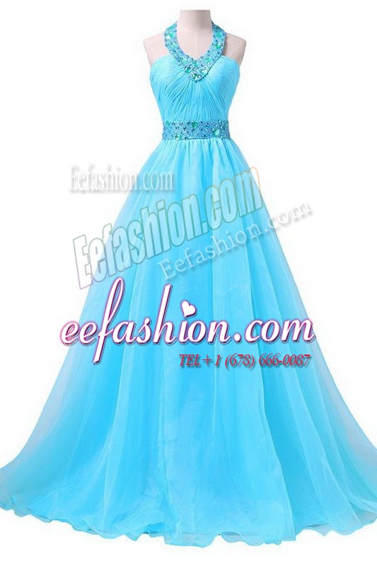  Aqua Blue Column/Sheath Halter Top Sleeveless Chiffon Floor Length Lace Up Beading and Belt Prom Dress