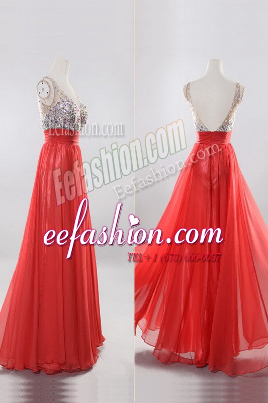 Trendy V-neck Sleeveless Zipper Prom Party Dress Coral Red Chiffon
