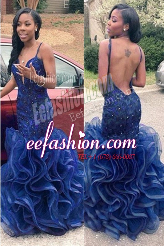  Mermaid Floor Length Backless Prom Gown Navy Blue for Prom and Party with Ruffles