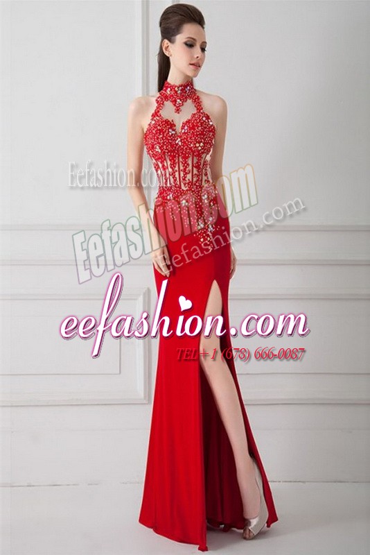  Silk Like Satin Sleeveless Floor Length Dress for Prom and Beading and Appliques