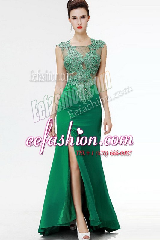 Glittering Dark Green Prom and Party and For with Beading and Appliques Square Sleeveless Sweep Train Zipper