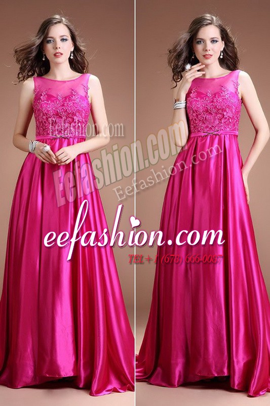 Hot Pink Sleeveless Satin Zipper Evening Dress for Prom and Party