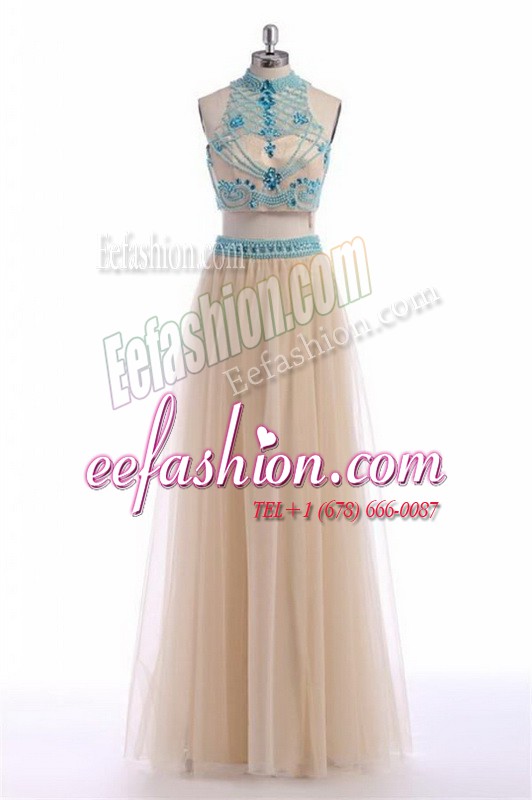  Champagne Prom Dress Prom and Party and For with Beading and Appliques and Belt High-neck Sleeveless Zipper