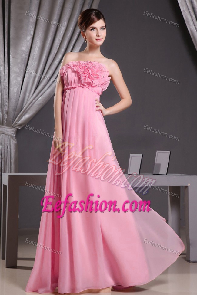 Strapless Long Rose Pink Ruched Chiffon Pageant Dress with Flowers