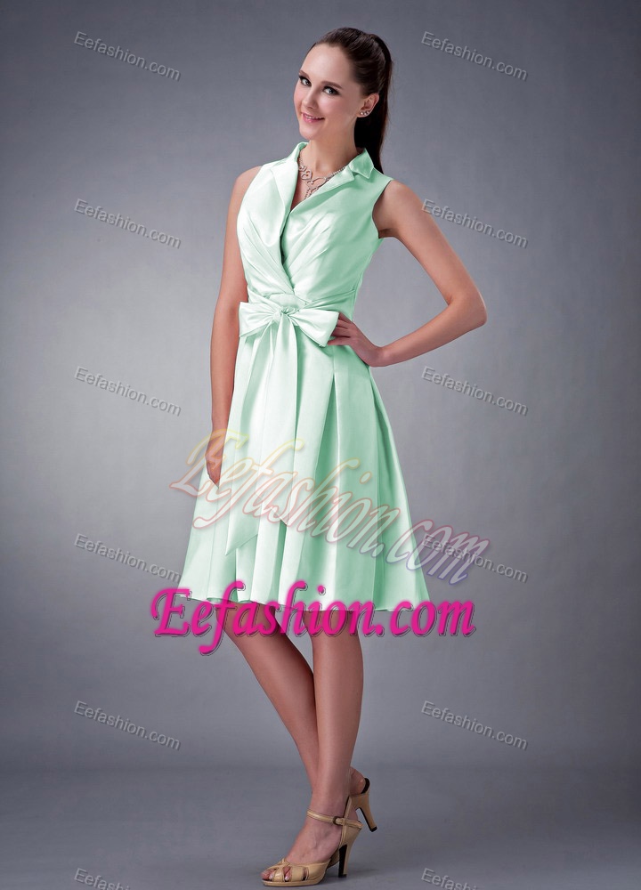 Turndown Collar Knee-length Apple Green Pageant Dresses with Bow