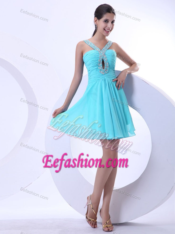 V-neck Beaded Mini-length Apple Blue Ruched Pageant Dress with Cutout