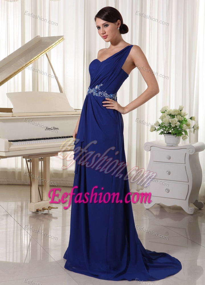 One Shoulder Brush Train Ruched Royal Blue Pageant Dress with Appliques