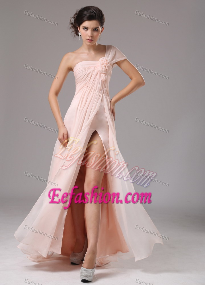 One Shoulder Long Ruched Baby Pink Pageant Dresses with High Slit