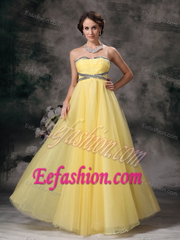 Strapless Long Yellow Tulle Beaded Pageant Dress for Miss America